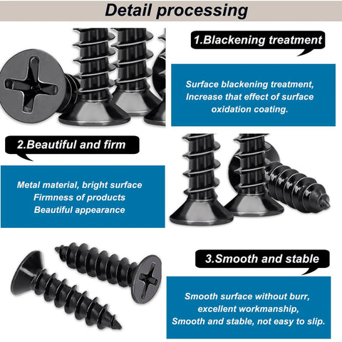 620 Piece M3 Wood Screws Assortment Kit With Phillips Drive Flat Head Self Tapping Screws Black Short Screws close-up view