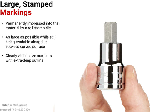 Half Inch Drive 8 mm Hex Bit Socket With S2 Steel Construction Press Fit Bit Built To Last Ultra Durable Clear Die Stamped Size Marking Pro Grade Socket Tool For Mechanics And DIY Enthusiasts held in hand showing large stamped markings