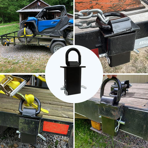 Beefy 4 Pack 16200 Lb Trailer Stake Pocket D Ring Tie Downs For Flatbed Trucks And Trailers With Standard 2x4 Stake Pockets Heavy Duty Cargo Securement Gear You Can Trust in use on flatbed trailers with vehicles and chains.