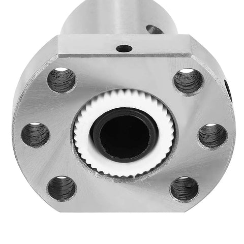 Close-up of Pro Grade Anti Backlash Ball Screw Kit SFU1605 450mm showing metal deflector nut housing for CNC machine