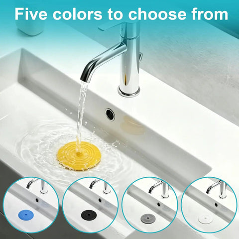Six Inch Silicone Tub Stopper Five Pack Flat Suction Drain Plug That Locks Smooth As Silk For Bathtub Or Kitchen Sink Foul Odor Blocked Heavy Duty Rinse Ready Cover Yellow in a kitchen sink.