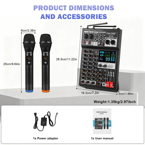4 Channel Audio Mixer With Dual Wireless Microphone System 99 DSP Effects Pro DJ Console For Recording Bluetooth MP3 Playback 48V Phantom Power USB Interface Home Karaoke And Live Streaming, showing mixer dimensions and accessories