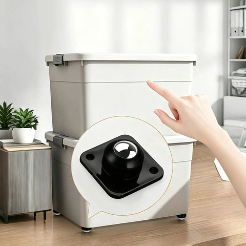 No Sweat Self Adhesive 360 Universal Swivel Mini Caster Wheels, Smooth Operator Ball Casters For Light Household Gear, Quick Stick On Rollers Pack Of Eight attached to storage bin.