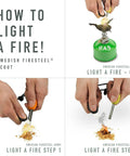 Step-by-step guide on lighting a fire with Swedish Firesteel and gas, featuring the Survival Flint Fire Starter Kit for Campfires.