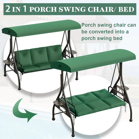 3-Person Outdoor Porch Swing Bed With Stand And Adjustable Canopy For Adults, Cozy Patio Daybed Swing conversion demo