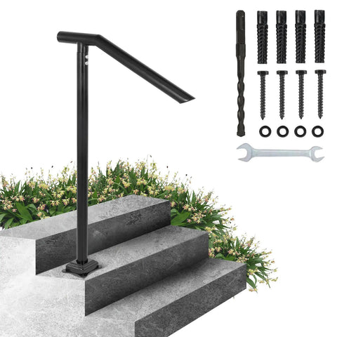 Rock Solid Floor Mounted Stair Handrail For 2 To 3 Steps And 36 Inch Wide Iron Step Railing with installation tools beside concrete steps.