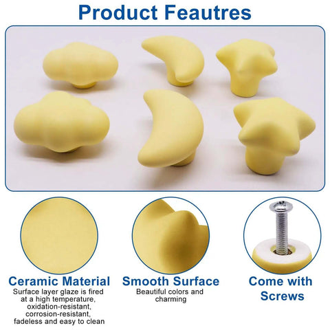 Standout Six Piece Set Of Bright Yellow Ceramic Cabinet Knobs Packing Dang Cool Star Moon And Cloud Shapes To Level Up Your Nursery Dresser Or Kitchen Cupboard Hardware Setup Today - Includes star, moon, and cloud designs with screws.
