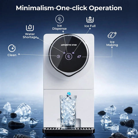 Heavy Duty Compact Nugget Ice Maker For Countertop With Auto Dispenser Makes Up To 33 Lbs Of Chewable Pebble Ice Daily showing controls with ice glass.