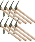 Eight Piece 14 Inch Heavy Duty Forged Garden Pick Axe Set With Non Slip Handles, laid out showing full length of wooden handles.