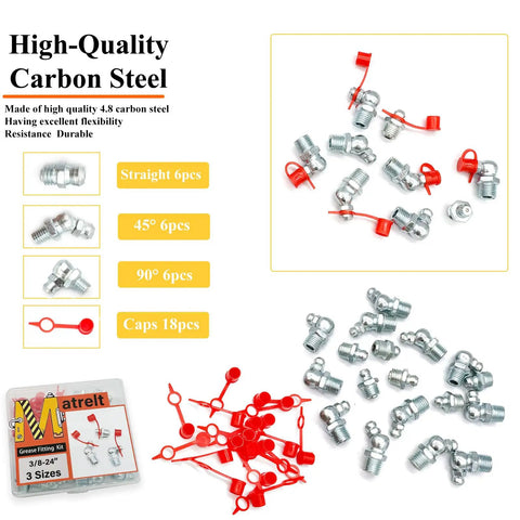 18-Piece 3/8-24 Grease Fitting Kit With Zerk Caps Straight 45 Degree And 90 Degree Configurations Galvanized Steel
