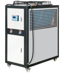 Heavy Duty Industrial Water Chiller Featuring Rapid Air Cooled Setup And Slick Temperature Regulation With Six Horsepower Auto Pump And Stainless Steel Reservoir Tank, side view.