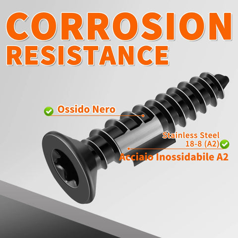 Number 8 X 5/8 Inch Black Coated Flat Head Torx Wood Screws 100 Pack Hella Rugged Stainless Steel 18 8 Fully Threaded Fasteners For Woodworking And Cabinet Making Badass Corrosion Shield showcasing corrosion resistance features.