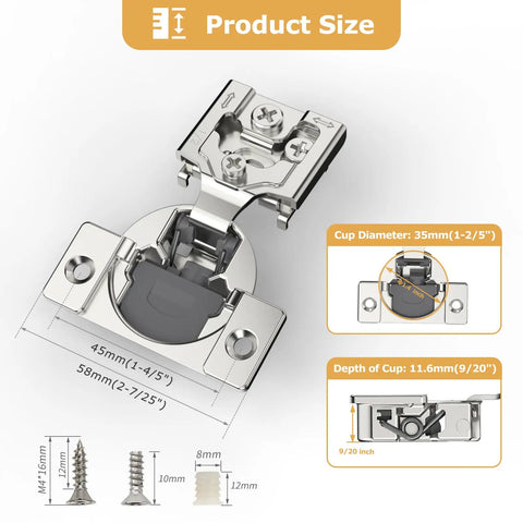 Ten Pack Soft Close Cabinet Hinges Half Inch Overlay Nickel Plated 105 Degree Face Frame Hinges With Three Way Adjustable