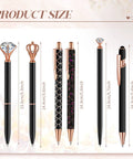 Product size image showing Six Pack Ballpoint Pen Set with Metal Crystal Diamond Accents, Glittery Aesthetic Pens for Journaling