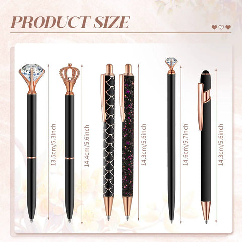 Product size image showing Six Pack Ballpoint Pen Set with Metal Crystal Diamond Accents, Glittery Aesthetic Pens for Journaling