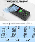Dope Green Beam Laser Measure Hella Accurate 165 Foot Portable Distance Meter With Bright Backlit Display showing measurement data sets on screen.