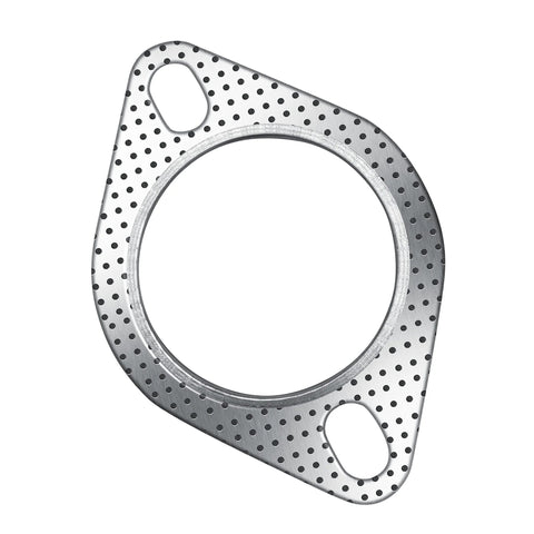 Exhaust gasket, 2.5-inch, stainless steel with two bolt holes and perforated outer flange.