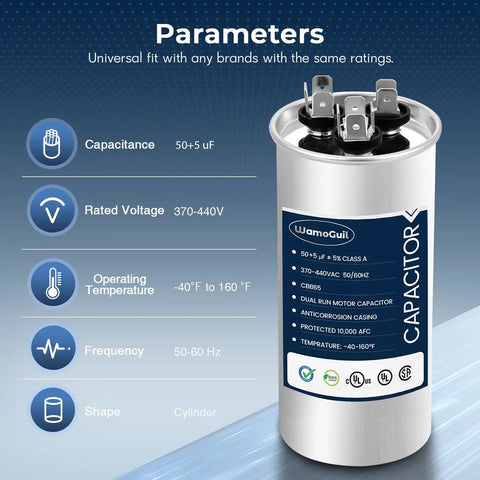 Dual Run Start Round Air Conditioner Capacitor 50 And 5 uF, 370 To 440 VAC, 50 To 60 Hz, CBB65 CBB65B with parameters chart