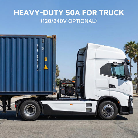 Truck with dual fuel portable generator 7500 watts with wheels gas or propane power 50A RV ready CO sensor on the go