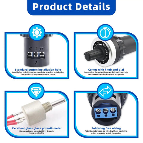 Product details of 4 Pack 10K Ohm LA42DWQ22 Rotary Potentiometer 22mm for variable speed drives, showing knob, dial, and wiring options.