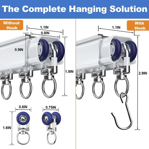 Heavy Duty Ceiling And Wall Mounted Curtain Track System With Roller Hooks And Sliding Rails White 3Ft To 6Ft Aluminum Alloy Durable Curtain Rail Set For Home Upgrade Built To Last showing roller hooks with and without hook measurements