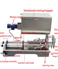 Heavy Duty Double Head Pneumatic Paste Filling Machine With Horizontal Mixing Hopper For Sauces And Creams Precision Piston Dispenser showing stainless steel body and components.