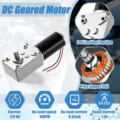12V DC Worm Gear Motor Kit With 8mm Flange Coupling and Rigid Mount Bracket Six Pack, showing a metal motor with wiring and components.