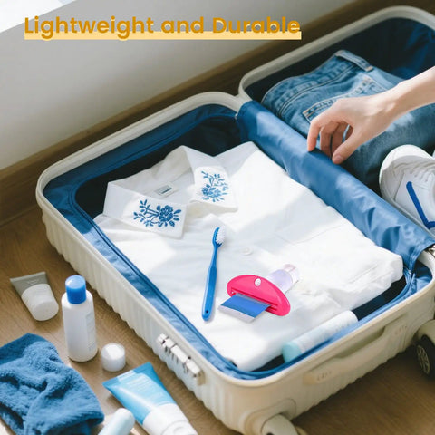 Open suitcase with clothing, toothpaste tube, and Four Pack Toothpaste Squeezers Hanging Tube Squeezer Tool Multicolor Tubular Paste Dispenser