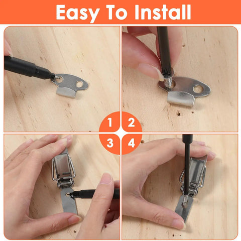 Installation steps for Spring Loaded Toggle Latch Set 4 Stainless Steel Latches with 18 High Quality Screws on wood surface.