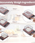 Steps to accurately weigh ingredients using Digital Kitchen Scale for Pro Grade Precision in Cooking and Baking, Rose Gold Waterproof Stainless Steel.