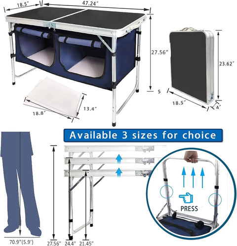 Aluminum Folding Camp Table With Built In Storage Compartment, Lightweight Height Adjustable Outdoor Kitchen Table For Tailgating, Backyards, BBQ, And Picnics, Black, shown folded and unfolded with height options.