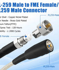 Close-up of PL259 male to FME female connector on Removable UHF Connector Coax RG8X 10ft Low Loss Antenna Cable With Waterproof Boot.