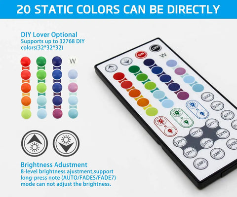 Remote control for Ultra Long 32.8ft RGB Led Strip Lights Kit with color options and brightness buttons.