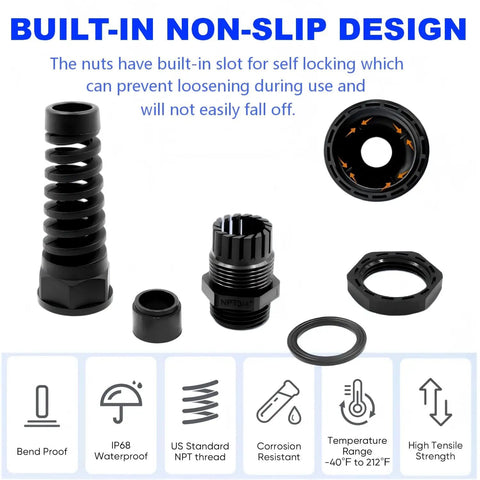 IP68 Waterproof Cable Gland Kit With Strain Relief, 8-Piece Nylon Cable Connector Set, NPT Thread Sizes, Black Components Displayed