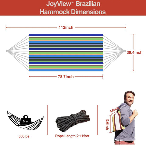 Single Person Brazilian Hammock With Carry Bag And Strong Ropes, Ultra Comfortable Cotton Polyester Fabric, 78.8 X 39.4 Inches shown with dimensions and accessories.