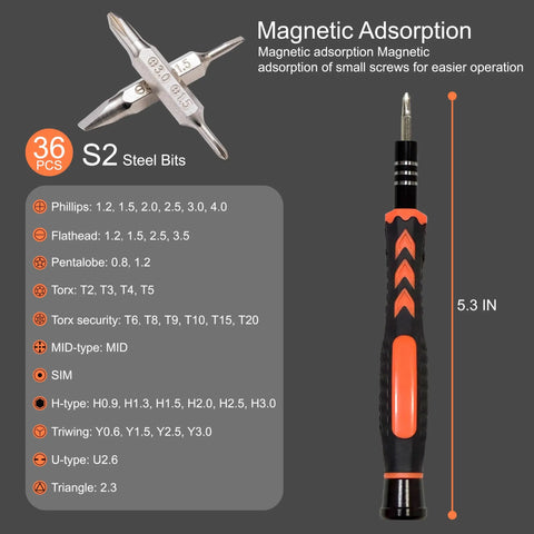 "Magnetic screwdriver and S2 bits highlight in 45 Piece Precision Screwdriver Set With Case For Electronics Repair"