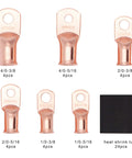 All Purpose Copper Battery Cable Lug Kit For 1/0 To 4/0 Gauge Wire Ends With 5/16 And 3/8 Crimp Ring Terminals And Heat Shrink Tubing 48 Pcs DIY Auto Electrical Wiring Assortment showing various copper lugs and heat shrink tube.