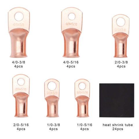 All Purpose Copper Battery Cable Lug Kit For 1/0 To 4/0 Gauge Wire Ends With 5/16 And 3/8 Crimp Ring Terminals And Heat Shrink Tubing 48 Pcs DIY Auto Electrical Wiring Assortment showing various copper lugs and heat shrink tube.