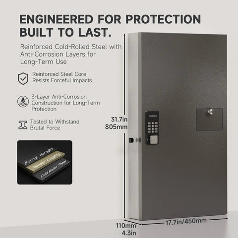 Smart Key Lock Box With Keypad And App Control Provides Hella Secure Storage For 104 Keys With No Sweat Pickup Drop Slot And One Time Passcodes Plus Bluetooth Remote Access For Total Everyday Convenience, reinforced steel construction, dimensions shown.
