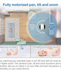 1080p WiFi Baby Monitor With 360° Pan Tilt 7-Inch Screen HD Night Vision showing motorized pan, tilt, zoom features over crib view.