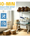 Solid Ecommerce Packing Table And Mobile Shipping Station With Built In Power And LED Lights, ergonomic standing workbench in a modern workspace.