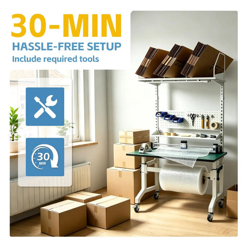 Solid Ecommerce Packing Table And Mobile Shipping Station With Built In Power And LED Lights, ergonomic standing workbench in a modern workspace.