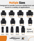 13 Piece Spindle Nut Socket Set For KM Groove Nuts Lock Nut Removal And Installation On Ball Joints And Axles For GM Dodge Ford GMC With One Half Inch Drive And Exterior Four Teeth, showing multiple socket sizes from 21.5mm to 83.5mm