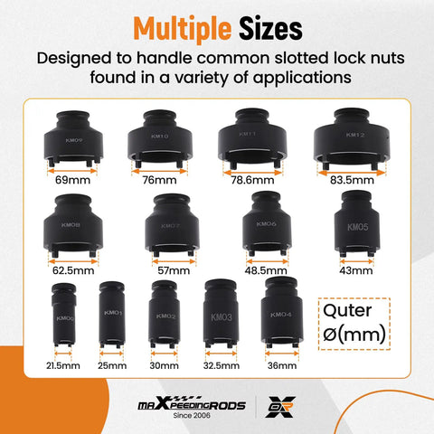 13 Piece Spindle Nut Socket Set For KM Groove Nuts Lock Nut Removal And Installation On Ball Joints And Axles For GM Dodge Ford GMC With One Half Inch Drive And Exterior Four Teeth, showing multiple socket sizes from 21.5mm to 83.5mm