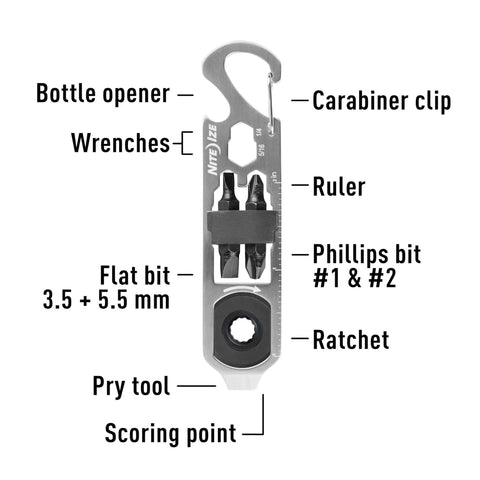 DoohicKey Ratchet Key Tool Keychain Friendly Pocket Multitool with labeled parts including carabiner, ruler, wrenches.