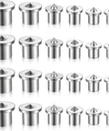 Pro Grade Dowel And Tenon Center Pins Set Features Twenty Four Pieces Across Six Exact Sizes, chrome coated steel pins.