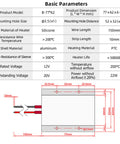 Amazon PTC heating element plate with aluminum shell and ceramic PTC heater, 12V 50W; basic parameters diagram.