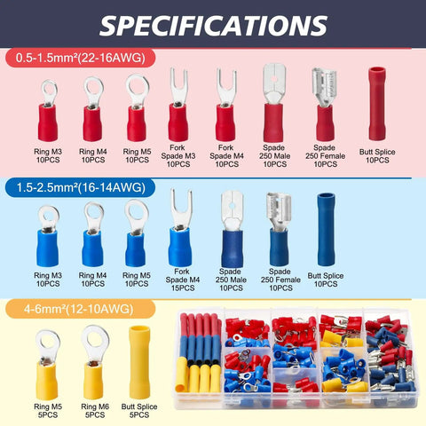 Insulated Crimp Wire Connector Terminal Kit 200 PC Assortment with ring, butt, spade, fork connectors sizes 22-16 16-14 12-10 GA