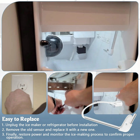 Ice Maker Bin Temperature Sensor Replacement For Whirlpool installed in refrigerator ice maker, white sensor probe with wire