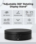 Top Notch Motorized Rotating Display Stand With 360 Degree Electric Photography Turntable showing adjustable angle and USB power features.